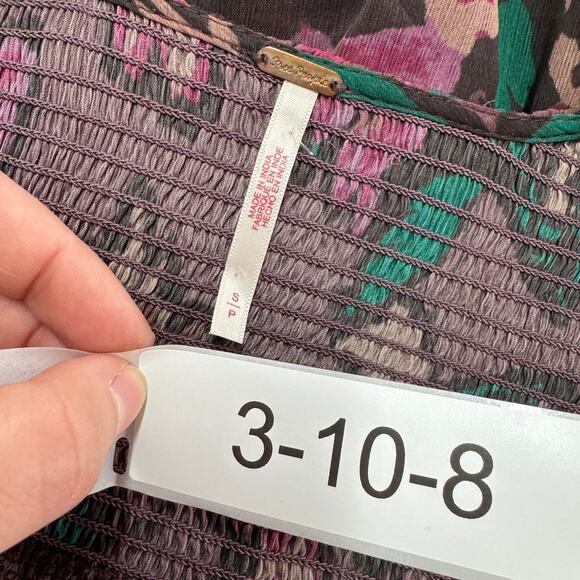 Free People Tunic Womens Small Purple Pink Floral Flume Smocked Wrap Sheer Boho - Picture 5 of 10